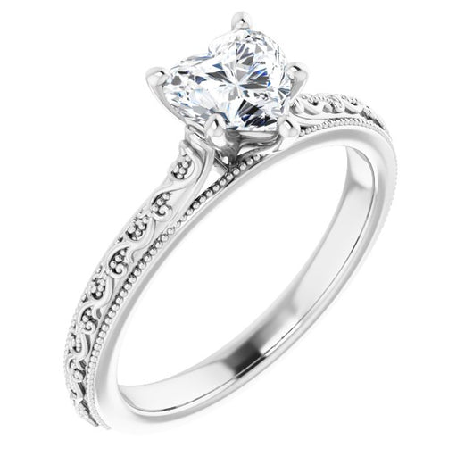 10K White Gold Customizable Heart Cut Solitaire with Delicate Milgrain Filigree Band