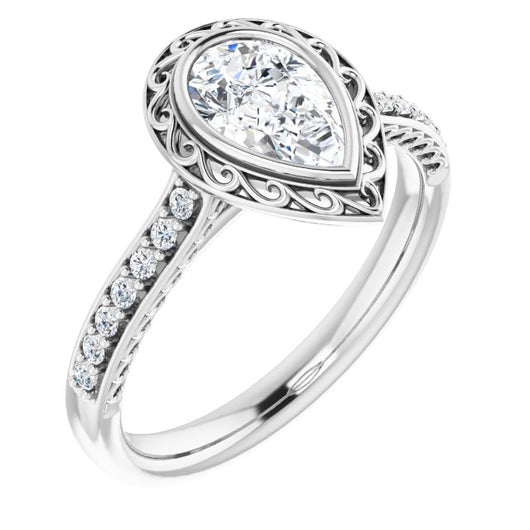 10K White Gold Customizable Cathedral-Bezel Pear Cut Design featuring Accented Band with Filigree Inlay