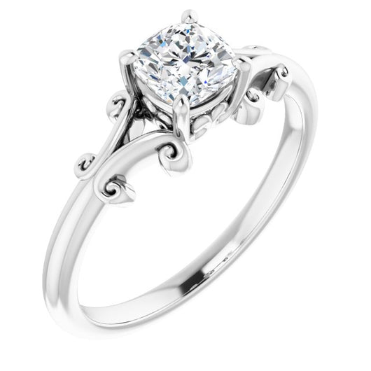 10K White Gold Customizable Cushion Cut Solitaire with Band Flourish and Decorative Trellis