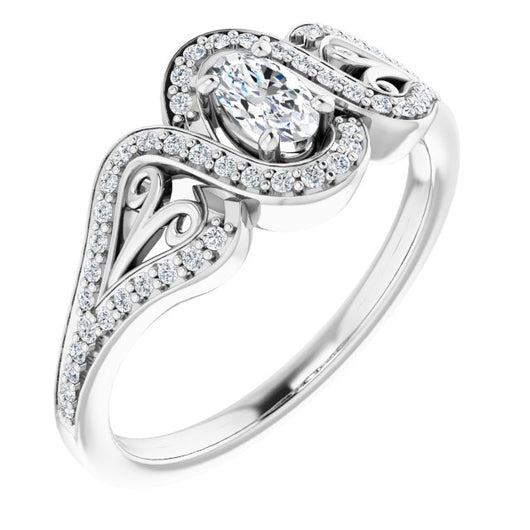 10K White Gold Customizable Oval Cut Design with Bypass Halo and Split-Shared Prong Band