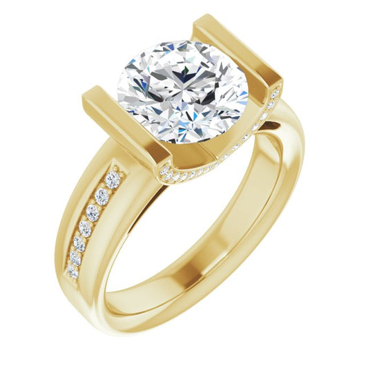 10K Yellow Gold Customizable Cathedral-Bar Round Cut Design featuring Shared Prong Band and Prong Accents