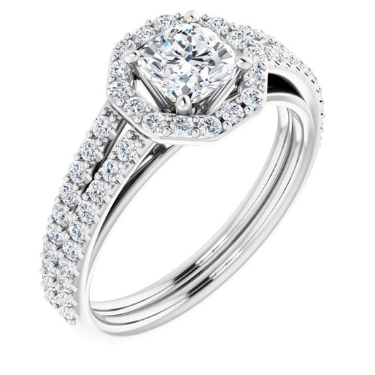 10K White Gold Customizable Cathedral Cushion Cut Design with Geometric Halo & Split Pavé Band