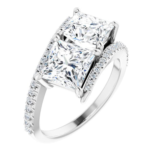 10K White Gold Customizable Double Princess/Square Cut 2-stone Design with Ultra-thin Bypass Band and Pavé Enhancement