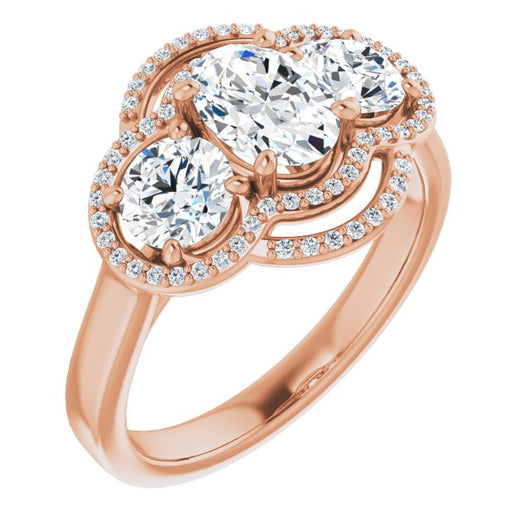 10K Rose Gold Customizable Cathedral-set Enhanced 3-stone Oval Cut Design with Multidirectional Halo