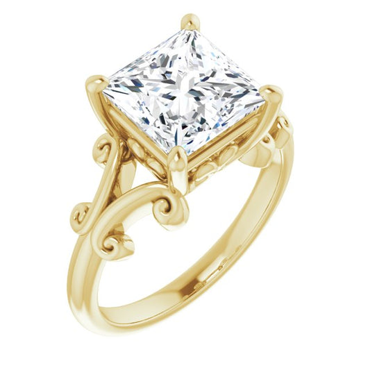 10K Yellow Gold Customizable Princess/Square Cut Solitaire with Band Flourish and Decorative Trellis