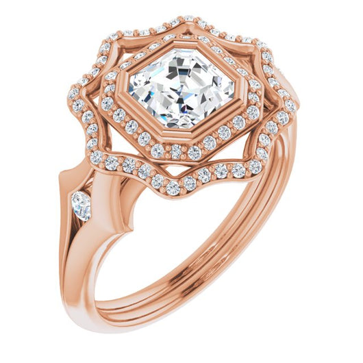 10K Rose Gold Customizable Cathedral-bezel Asscher Cut Design with Floral Double Halo and Channel-Accented Split Band