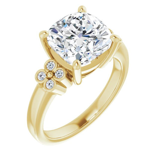 10K Yellow Gold Customizable 9-stone Design with Cushion Cut Center and Complementary Quad Bezel-Accent Sets