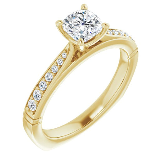 10K Yellow Gold Customizable Cushion Cut Design with Tapered Euro Shank and Graduated Band Accents