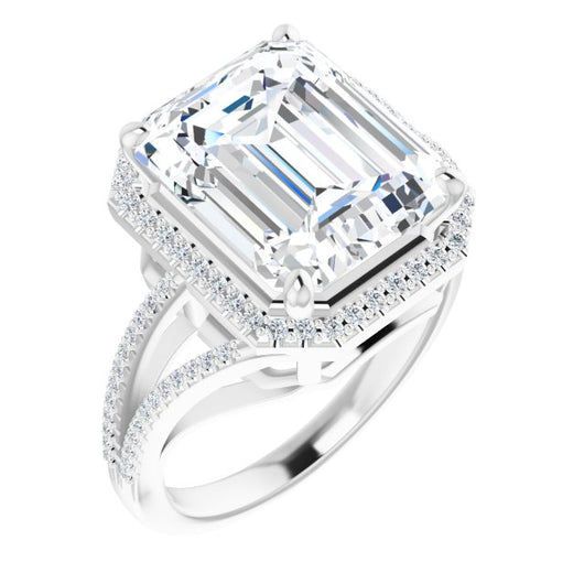 10K White Gold Customizable Emerald/Radiant Cut Vintage Design with Halo Style and Asymmetrical Split-Pavé Band