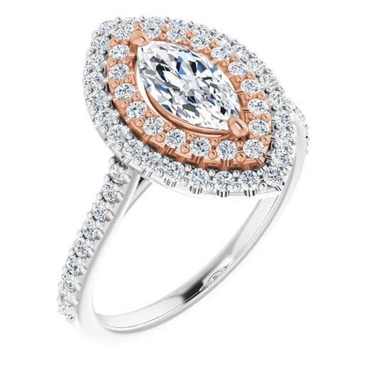 14K White & Rose Gold Customizable Double-Halo Marquise Cut Design with Accented Split Band