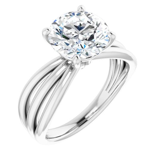 14K White Gold Customizable Round Cut Solitaire Design with Wide, Ribboned Split-band