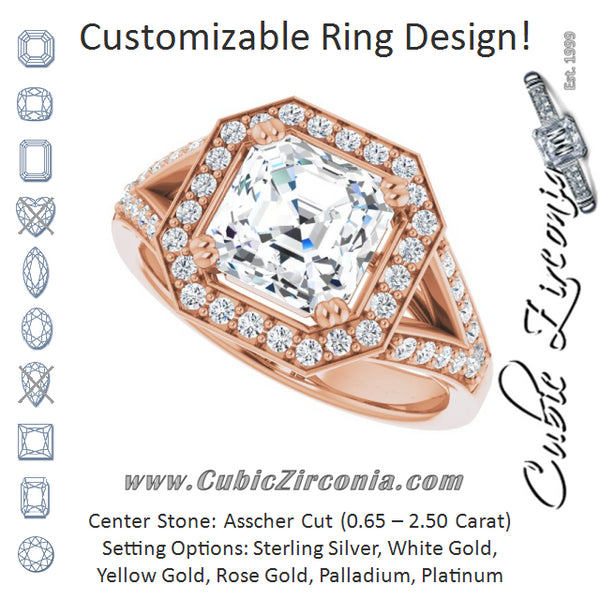 Cubic Zirconia Engagement Ring- The Aryanna (Customizable Cathedral-set Asscher Cut Style with Accented Split Band and Halo)