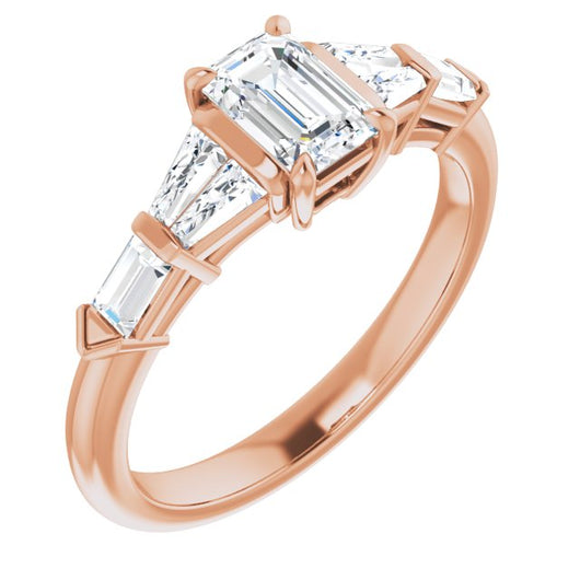 10K Rose Gold Customizable 7-stone Design with Emerald/Radiant Cut Center and Baguette Accents