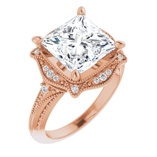 10K Rose Gold Customizable Vintage Princess/Square Cut Design with Beaded Milgrain and Starburst Semi-Halo