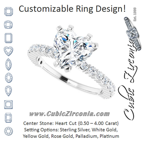 Cubic Zirconia Engagement Ring- The Thea (Customizable 6-prong Heart Cut Design with Thin, Stackable Pavé Band)