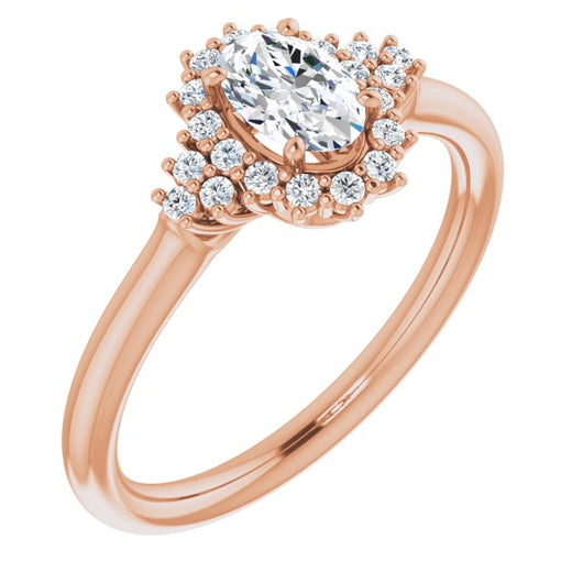 10K Rose Gold Customizable Oval Cut Cathedral-Halo Design with Tri-Cluster Round Accents