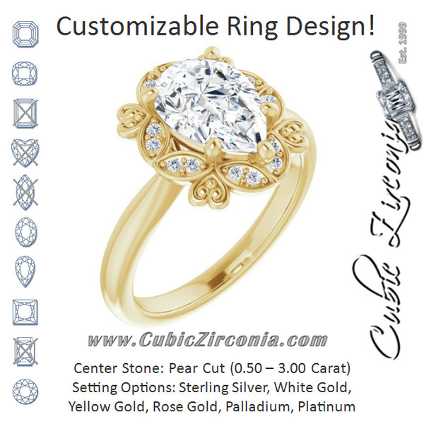 Cubic Zirconia Engagement Ring- The Hé Zhang (Customizable Pear Cut Design with Floral Segmented Halo & Sculptural Basket)