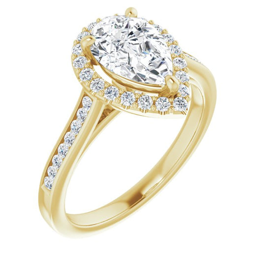 10K Yellow Gold Customizable Pear Cut Design with Halo, Round Channel Band and Floating Peekaboo Accents