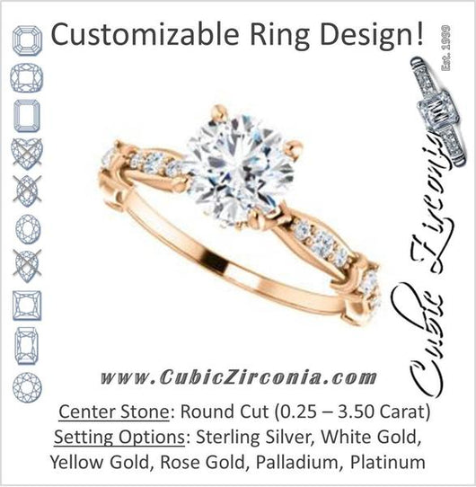 Cubic Zirconia Engagement Ring- The Willow (Customizable Round Cut Artisan Design with 3 Kinds of Round Cut Accents)