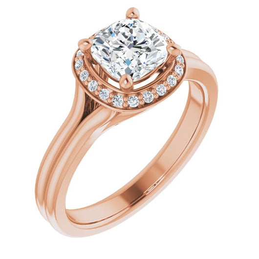 18K Rose Gold Customizable Cathedral-set Cushion Cut Design with Split-band & Halo Accents