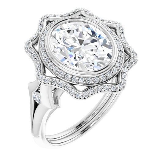 10K White Gold Customizable Cathedral-bezel Oval Cut Design with Floral Double Halo and Channel-Accented Split Band