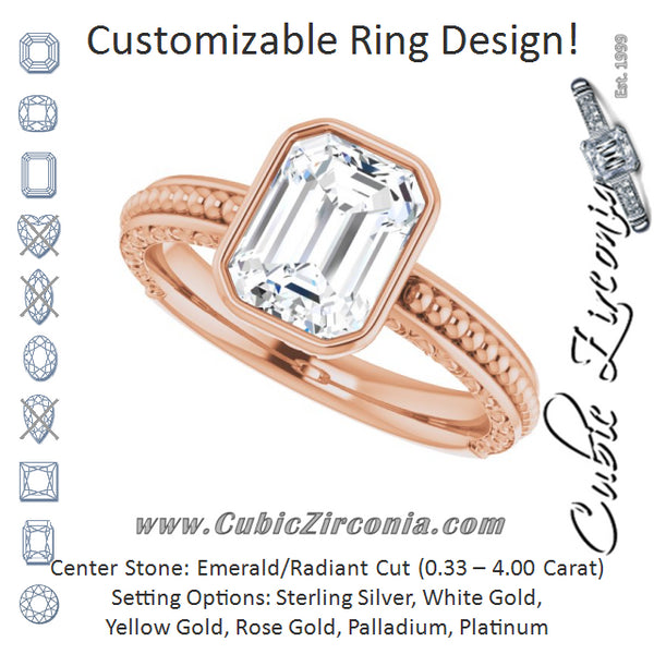 Cubic Zirconia Engagement Ring- The Cheyenne (Customizable Bezel-set Emerald Cut Solitaire with Beaded and Carved Three-sided Band)