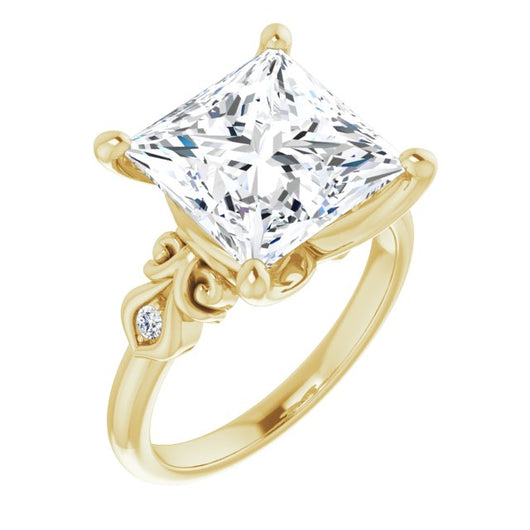 10K Yellow Gold Customizable 3-stone Princess/Square Cut Design with Small Round Accents and Filigree