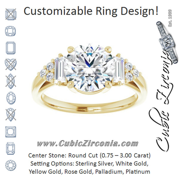 Cubic Zirconia Engagement Ring- The Barb (Customizable 9-stone Design with Round Cut Center, Side Baguettes and Tri-Cluster Round Accents)