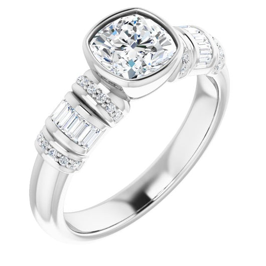 10K White Gold Customizable Bezel-set Cushion Cut Setting with Wide Sleeve-Accented Band