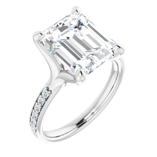 10K White Gold Customizable Heavy Prong-Set Emerald/Radiant Cut Style with Round Cut Band Accents