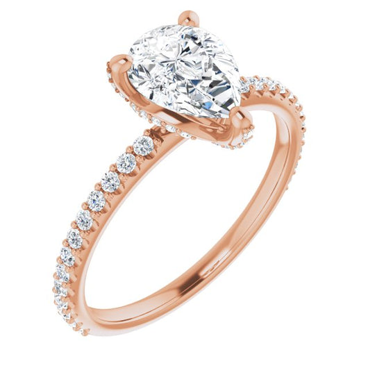 10K Rose Gold Customizable Pear Cut Design with Round-Accented Band, Micropav? Under-Halo and Decorative Prong Accents)