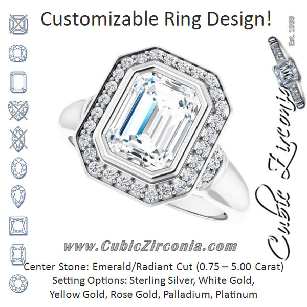 Cubic Zirconia Engagement Ring- The Vilde (Customizable Bezel-set Emerald Cut Design with Halo and Vertical Round Channel Accents)