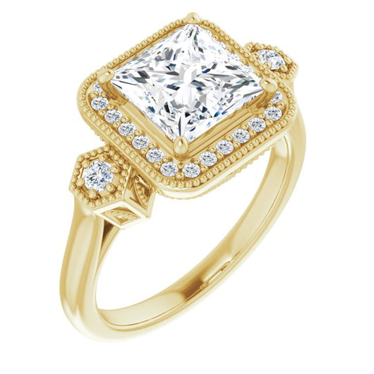 10K Yellow Gold Customizable Cathedral Princess/Square Cut Design with Halo and Delicate Milgrain