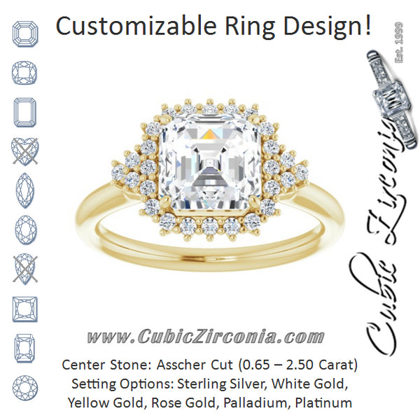 Cubic Zirconia Engagement Ring- The Winter (Customizable Asscher Cut Cathedral-Halo Design with Tri-Cluster Round Accents)