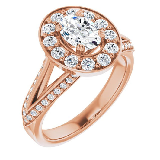 10K Rose Gold Customizable Oval Cut Center with Large-Accented Halo and Split Shared Prong Band