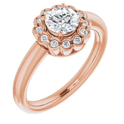 10K Rose Gold Customizable 13-stone Round Cut Design with Floral-Halo Round Bezel Accents