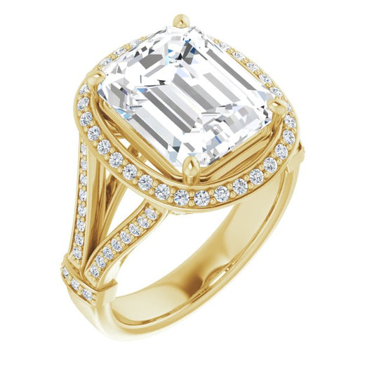 10K Yellow Gold Customizable Emerald/Radiant Cut Setting with Halo, Under-Halo Trellis Accents and Accented Split Band