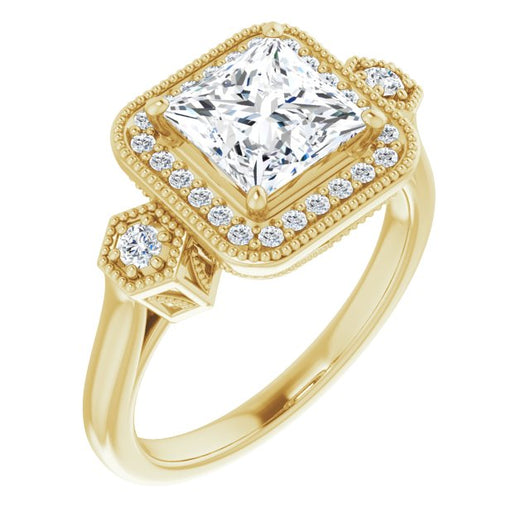 10K Yellow Gold Customizable Cathedral Princess/Square Cut Design with Halo and Delicate Milgrain