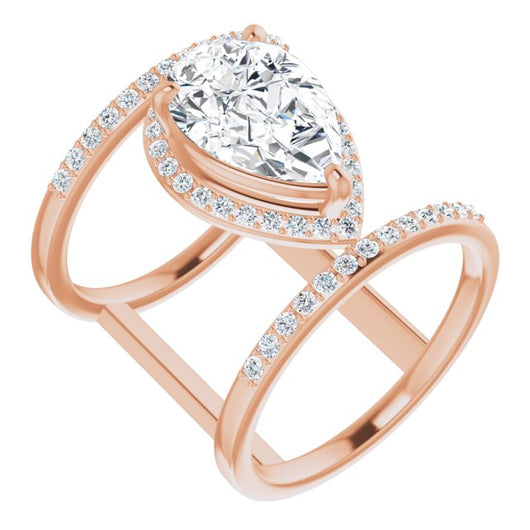 10K Rose Gold Customizable Pear Cut Halo Design with Open, Ultrawide Harness Double Pavé Band