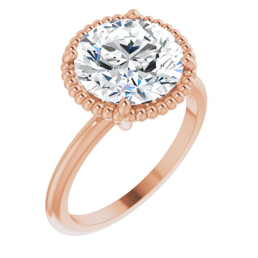 10K Rose Gold Customizable Round Cut Solitaire with Beaded Metallic Milgrain