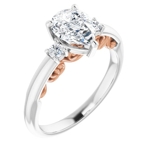 14K White & Rose Gold Customizable Pear Cut 3-stone Style featuring Heart-Motif Band Enhancement