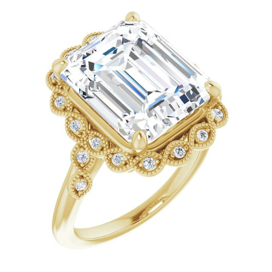 10K Yellow Gold Customizable 3-stone Design with Emerald/Radiant Cut Center and Halo Enhancement