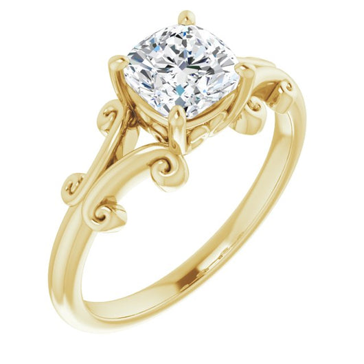 10K Yellow Gold Customizable Cushion Cut Solitaire with Band Flourish and Decorative Trellis