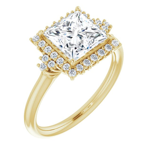 10K Yellow Gold Customizable Princess/Square Cut Cathedral-Halo Design with Tri-Cluster Round Accents