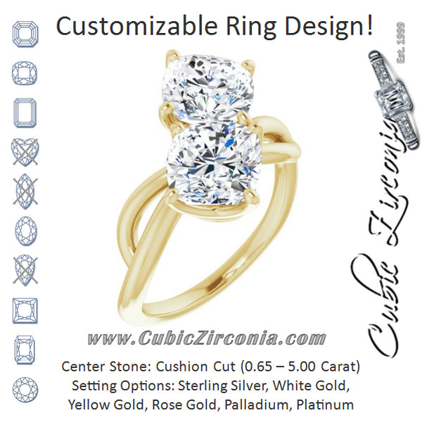 Cubic Zirconia Engagement Ring- The Chyna (Customizable 2-stone Cushion Cut Artisan Style with Wide, Infinity-inspired Split Band)