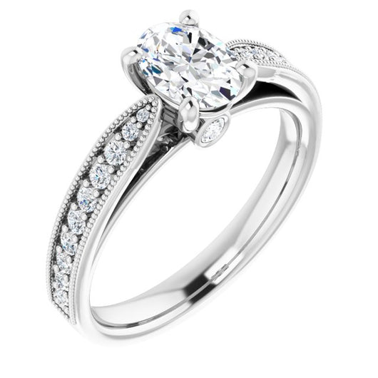 10K White Gold Customizable Oval Cut Style featuring Milgrained Shared Prong Band & Dual Peekaboos