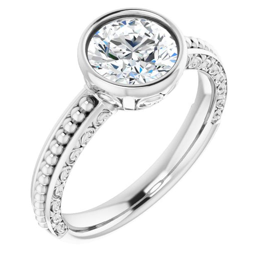 10K White Gold Customizable Bezel-set Round Cut Solitaire with Beaded and Carved Three-sided Band