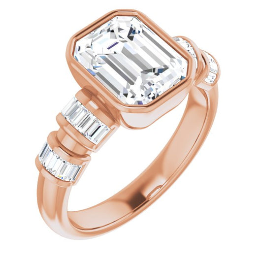 10K Rose Gold Customizable Bezel-set Emerald/Radiant Cut Design with Quad Horizontal Band Sleeves of Baguette Accents