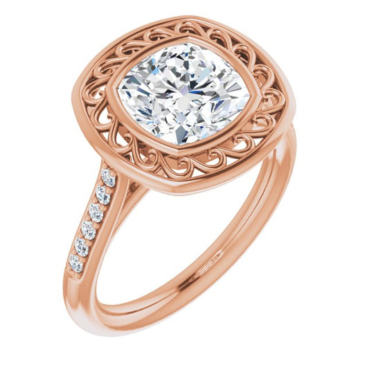 10K Rose Gold Customizable Cathedral-Bezel Cushion Cut Design with Floral Filigree and Thin Shared Prong Band