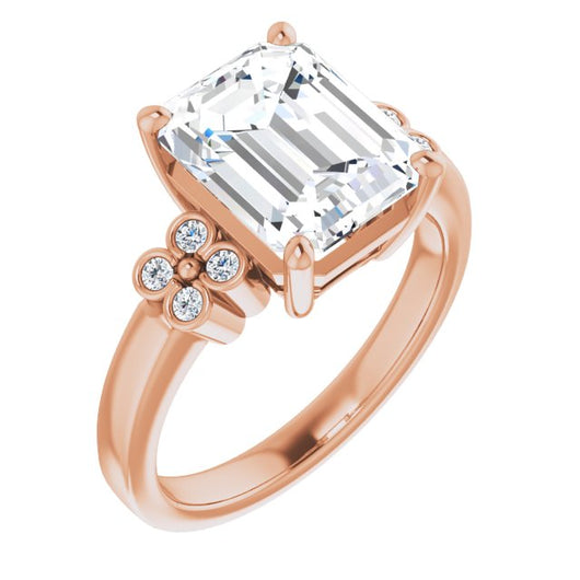 10K Rose Gold Customizable 9-stone Design with Emerald/Radiant Cut Center and Complementary Quad Bezel-Accent Sets